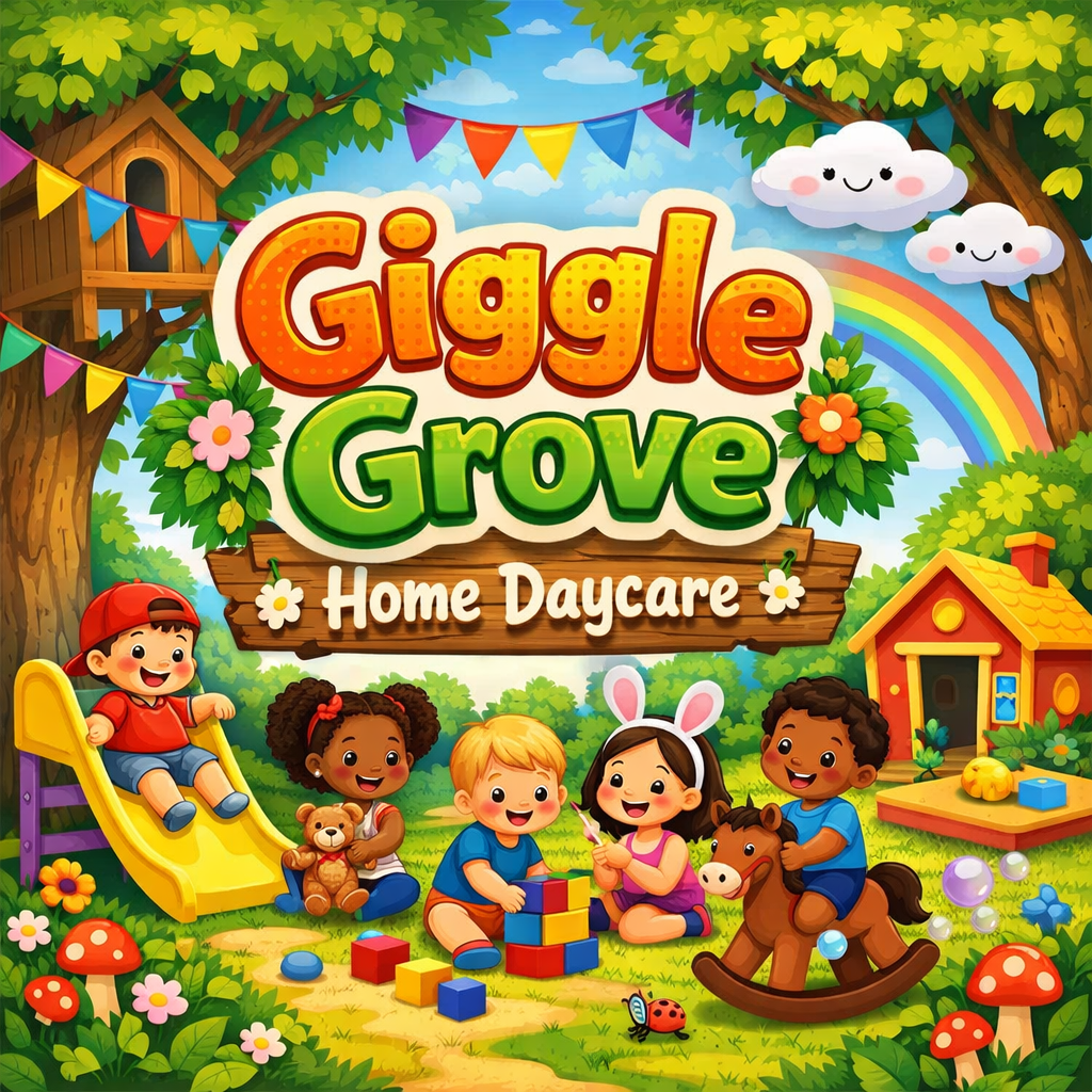 Giggle Grove Daycare brand artwork with children on a playground